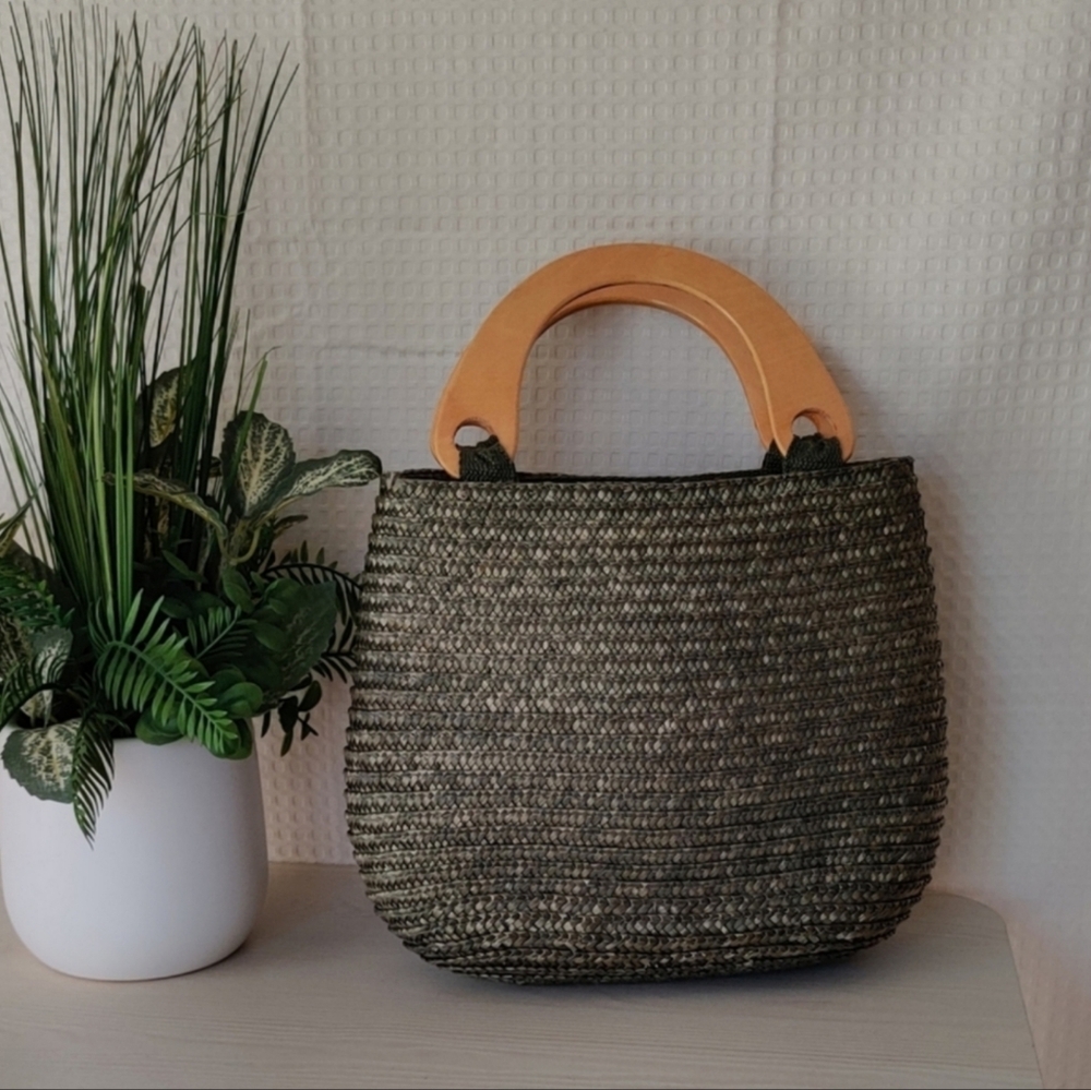 Olive Green Mini Straw Handbag with Round Wooden Handles